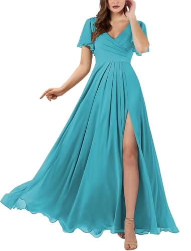 imizyilz Women's Long V Neck Bridesmaid Dresses with Slit Ruffle Chiffon Formal Evening Gowns Aqua Blue