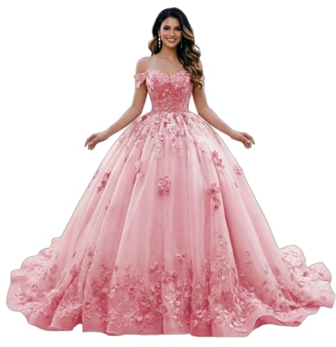 KUWFDY Off the Should Ball Gown Quinceanera Dress with Sweep Train 3D Flowers Beaded Lace Sweet 15 16 Prom Dress for Girls Blush Pink 8