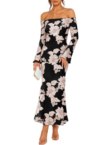 ZESICA Women's Fall Off Shoulder Floral Wedding Guest Maxi Dresses Black M