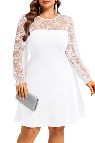 Plus Size White Dress Graduation Lace Long Sleeve Short A Line Dress Women | Plus Size White Graduation Dress Curvy Women Lace Long Sleeve Wedding Dress Fall Semi Formal Church Short A Line Dresses