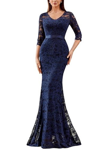 Miusol Women's Elegant V Neck Floral Lace Formal Evening Party Maxi Dress (Large, Navy Blue)