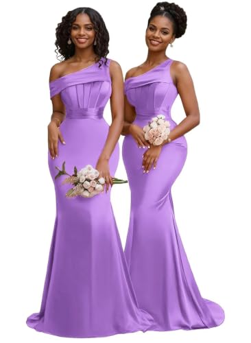 Satin Mermaid Bridesmaid Dresses for Women One Shoulder Prom Dress Lilac