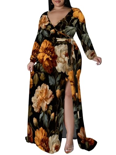 Plus Size Maxi Formal Dresses for Curvy Women Church Outfits Long Sleeve Wrap Wedding Guests Floral Fall Winter XL