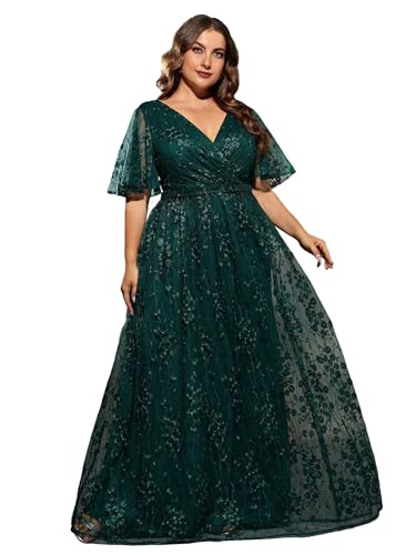 MIMIFINA Plus Size Women's V Neck Ruffles Flutter Sleeve Embroidered Lace A Line Maxi Dress for Wedding Party Evening