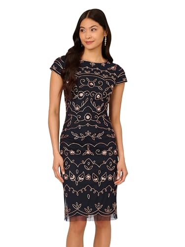 Papell Studio Women's Beaded Sheath Dress, Navy/Rosegold, 12