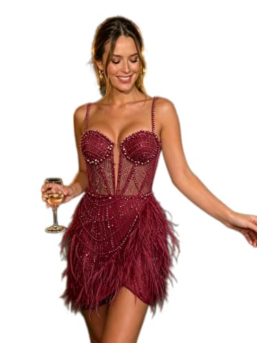 EDECPBM Pearl Beaded Short Wedding Dress Corset Sweetheart Bridal Reception Feather Cocktail Party Mini Dress Wine Red