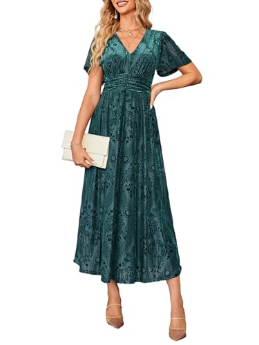 Simplee Women's Fall Formal Wedding Guest Velvet Maxi Dress Elegant Floral High Waisted V Neck Short Sleeve Long Dress (Small Green)
