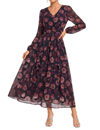 GRACE KARIN Women's Floral Long Sleeve Wedding Guest Dress Black S