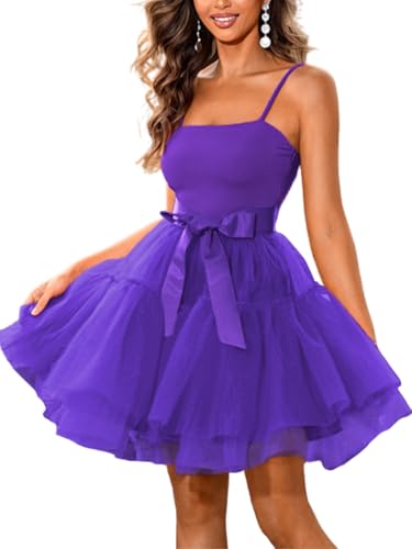 Kaei&Shi Poofy Short Tulle Dress,Spaghetti Strap Semi Formal Dresses for Women,Elegant Birthday Outfit Homecoming Cocktail Purple Medium