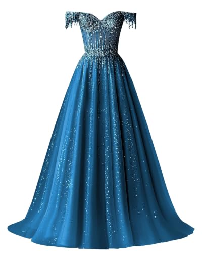 XYNGZOR Teal Off Shoulder Tulle Prom Dresses 2026 Sparkly Beaded Ball Gowns Corset Formal Evening Dress Size 10