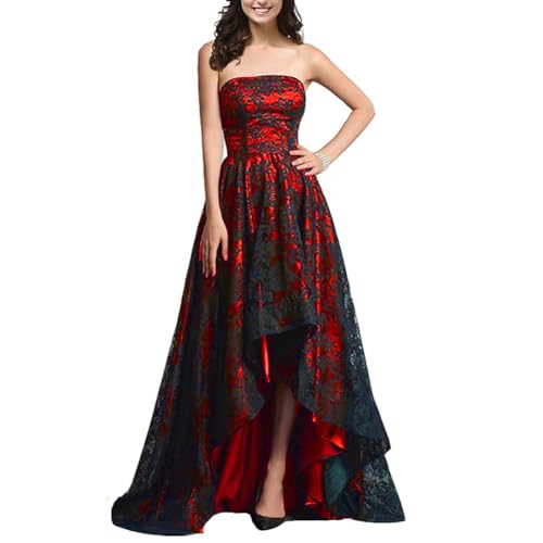 Gothic Black Lace High Low Strapless Straight Neck A Line Prom Evening Dresses Red 10