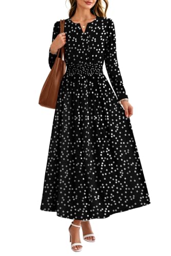 OFEEFAN 2026 Womens Fall Boho Floral Long Sleeve Maxi Dresses with Pockets
