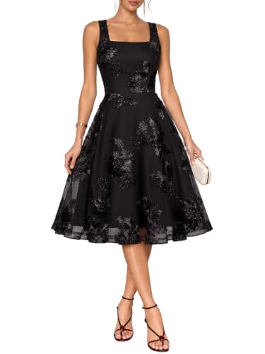 Younrui Women's Cocktail Wedding Guest Jacquard Mesh Midi A-line Dress_84-BK-S Black
