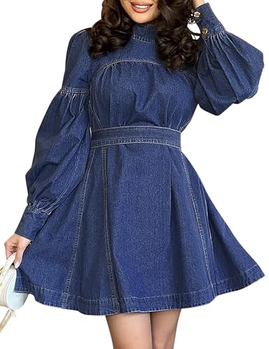 POTILI Denim Dress for Women Jean Mini Dress with Tie and Pocket
