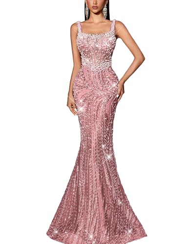 VOUIAO Women Beaded Mermaid Prom Dress Sequin Formal Evening Gown Pink XS