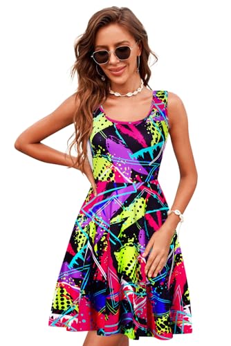 uideazone Women Retro 80s 90s Style Sleeveless A-Line Skater Midi Dress