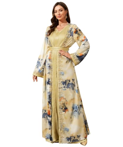 Elegant Moroccan Kaftan Dress, Long Sleeve V-Neck, Gold Embroidered Trim Traditional Islamic Dress(Multicolour,S)