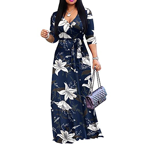 FANDEE Plus Size Maxi Dress for Women Casual Summer Sundress V-Neck 3/4 Sleeve(2-Blue & Flower,Large)