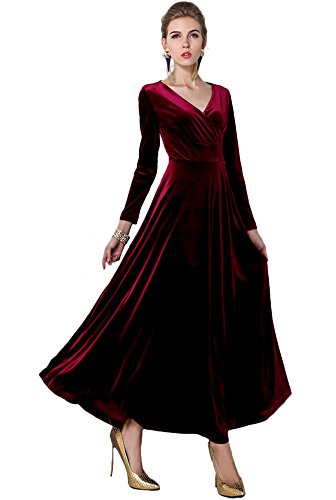 EXCHIC Women's Elegant Velvet Long Sleeve Maxi Dress Evening Party Dancing Dresses (L, Wine Red)
