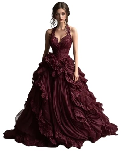 Dydsz Womens Gothic Halter Ruffle Burgundy Prom Dress Formal Ball Gown 10