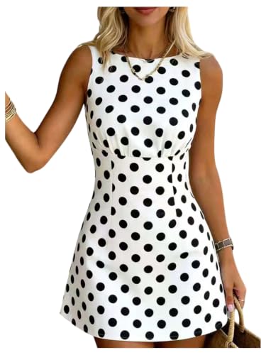 Verdusa Women's Polka Dots Dress Sleeveless Cinched Waist Mini Dress