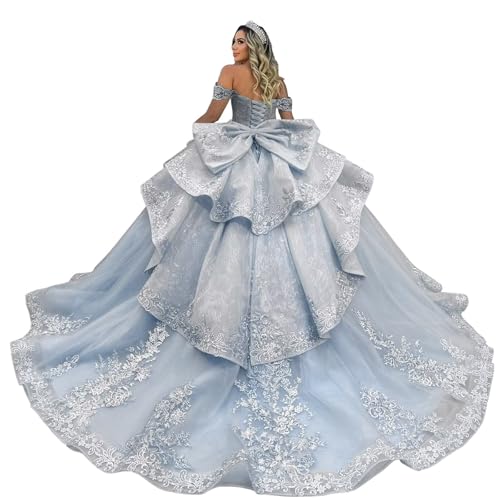 Zhangyo Off Shoulder Light Blue Quinceanera Dresses Tulle Party Gown Size 4