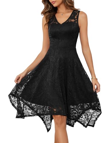 Meetjen Womens Cocktail Dress Fit and Flare Lace Prom Midi Asymmetrical Short Fancy Dresses for Wedding Guest Black M