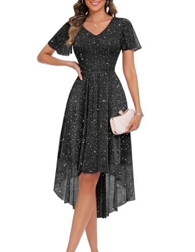 BeryLove V Neck Sequin Formal High Low Midi Evening Party Dress BlackM