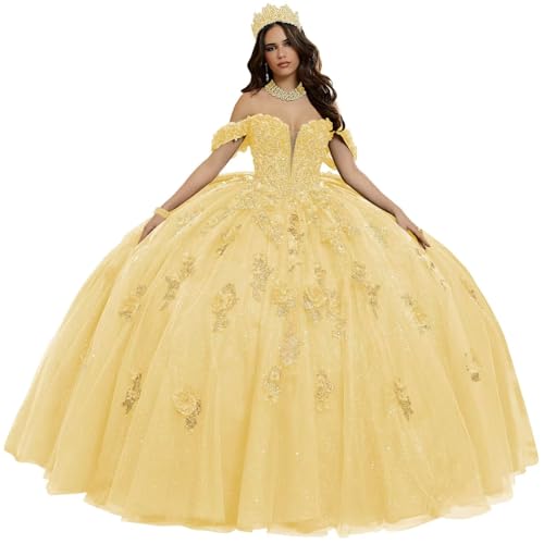 KPYURC Off Shoulder Champagne Quinceanera Dresses Sparkly Tulle xv Dresses