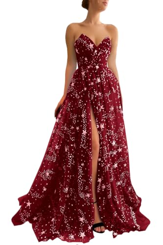 UZN Plus Size Long Sparkle Starry Tulle Prom Dress for Women Tulle Strapless A-Line V-Neck Split Formal Evening Party Gowns Burgundy US18W