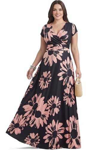 KOH KOH Plus Size Womens Long Flowy Modest V-Neck Short Cap Sleeve Casual Floor Length Floral Flower Print Summer Sundress A-line Maternity Tall Maxi Dress Gown, Black & Pink 3XL 22-24