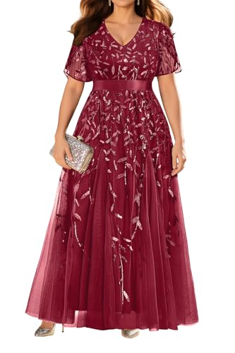 Pinup Fashion Plus Size Burgundy Dress Christmas Holiday New Year Eve Gown | Burgundy, wine red, maroon, sequin embroidery tulle, v-neck, short ruffle sleeve, empire waist, a-line, long, christmas party