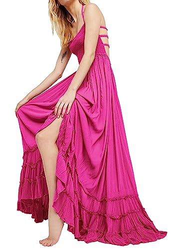 R.Vivimos Womens Summer Boho Sexy Backless Long Dresses, HotPink#1, Small | Sleeveless Elastic Smocked, Flowy Ruffle Halter Maxi Dress for Beach Vacation, Cocktail, Wedding Party, Cruise, Photoshoot
