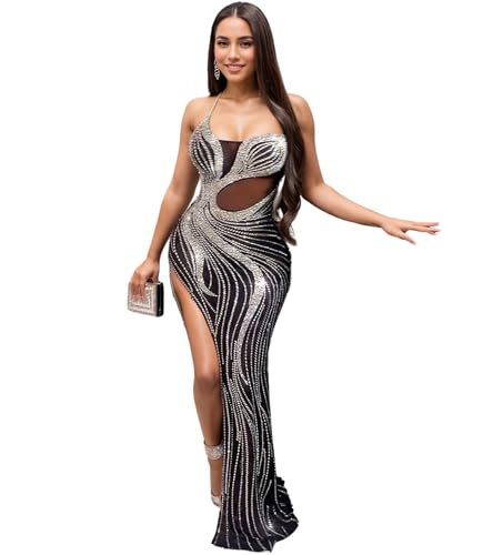 Jigfar Women Sexy Rhinestone Split Mesh See Through Dress(K2685,Black,L)