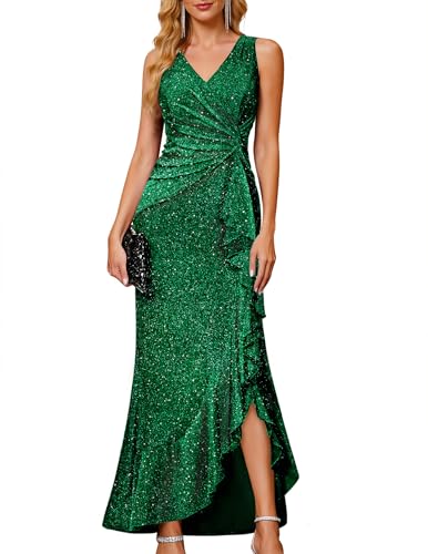 Sparkly Cocktail Dress V Neck Ruffle Slit Formal Party Gown DarkGreen M