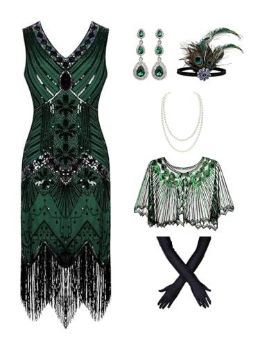 872AS - Plus Size 1920s Vintage Fringed Gatsby Sequin Beaded Tassels Hem Flapper Party Prom Cocktail Dress with Accessories Shrug Cape Shawl (Green Black, 1X)