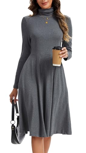 Kormei Women's Long Sleeve Turtleneck Casual Ribbed Knit Loose Tunic Fall Dress A Line Flare Dresses L Grey