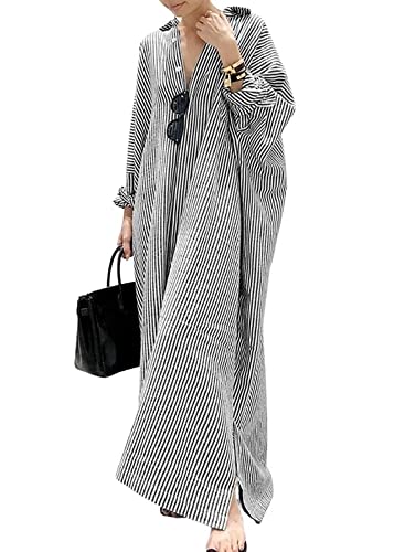utcoco Womens Striped Long Sleeve Dress Casual Loose Button Down Cotton Maxi Shirt Dress (XXX-Large, Black)