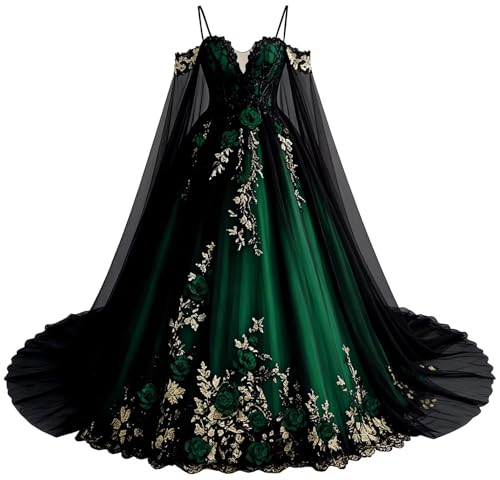 Mauuwy Black and Green Gothic Wedding Dress with Cape Size 14