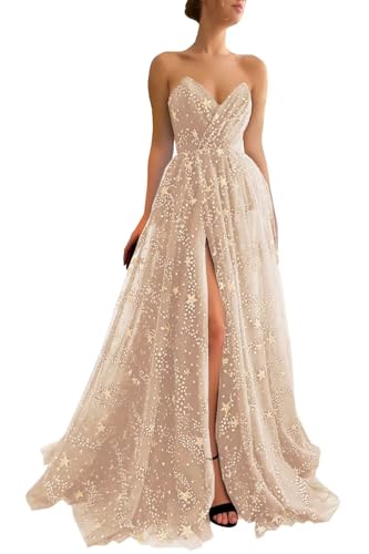UZN Women's Sleeveless Sparkle Starry Tulle Prom Dress Long V-Neck Glittery Split Formal Evening Party Gown Floor Length for Junior Champagne US16