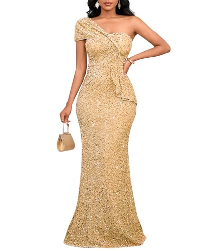 Cololura Women Sexy Sequin One Shoulder Mermaid Formal Party Cocktail Gowns Bodycon Evening Maxi Dress Gold