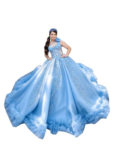 Princess Sweet 15 16 Party Dresses Baby Light Blue One Shoulder 16 | See through Top,Corset,Ruffled on Bottom,Costums,XV