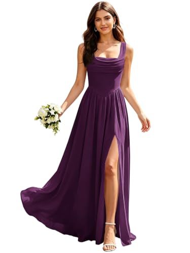 Memoryfic Wide Straps Chiffon Bridesmaid Dress for Women Grape US10 | Chiffon, Spaghetti Straps, Square Neck, A Line, Sleeveless, High Slit, Pleated, Floor Length, Wedding Guest, Evening Gowns