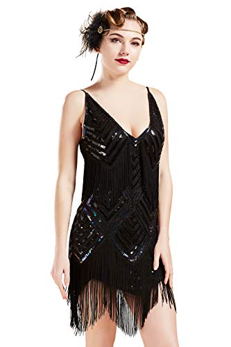 BABEYOND Women's 1920s Flapper Dress V Neck Slip Dress Roaring 20s Great Gatsby Dress for Party (Black, x_s)