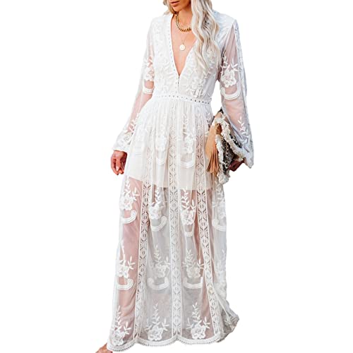 amropi Womens Deep V Neck Short Sleeve Floral Lace Dress Long Bridesmaid Maxi Dresses White-0,XXL