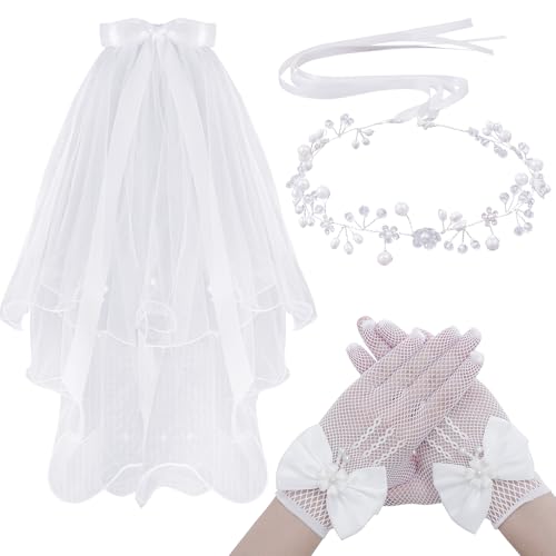 Haakong 3 Pcs First Communion Veil Set Gloves Headpiece for 1st Holy Communion Accessories for Wedding Party Costume