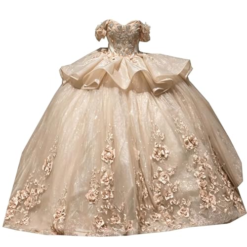 Elegant Ball Gown Evening Formal Graduation Cocktail Quince Dresses 3D Floral Flower Pattern Pearls Short Sleeves Tulle for Woomen Teens Girls Junior Long Designer Champagne 10