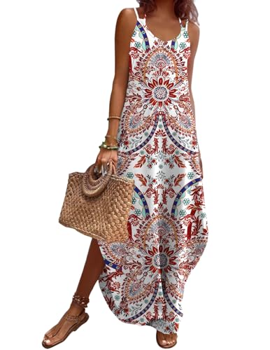 Zeagoo Sun Dresses Women Vacation Dress Casual Boho Spaghetti Strap V-Neck Split Maxi Dress Pink Boho M