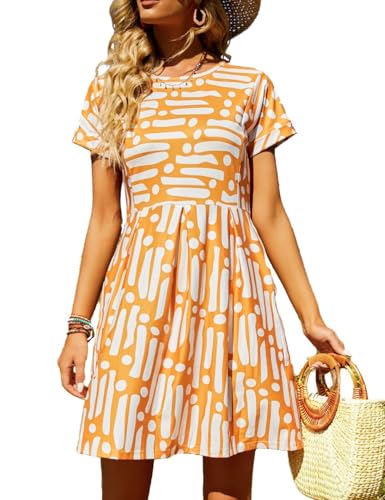 Naggoo Spring Short Sleeve Casual Dresses Loose Comfy Floral Sundress with Pockets Orange Yellow XXL
