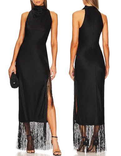 Women High Neck Halter Flapper Maxi Dress Slit Gatsby Vintage Tassel Dress(M,Black)